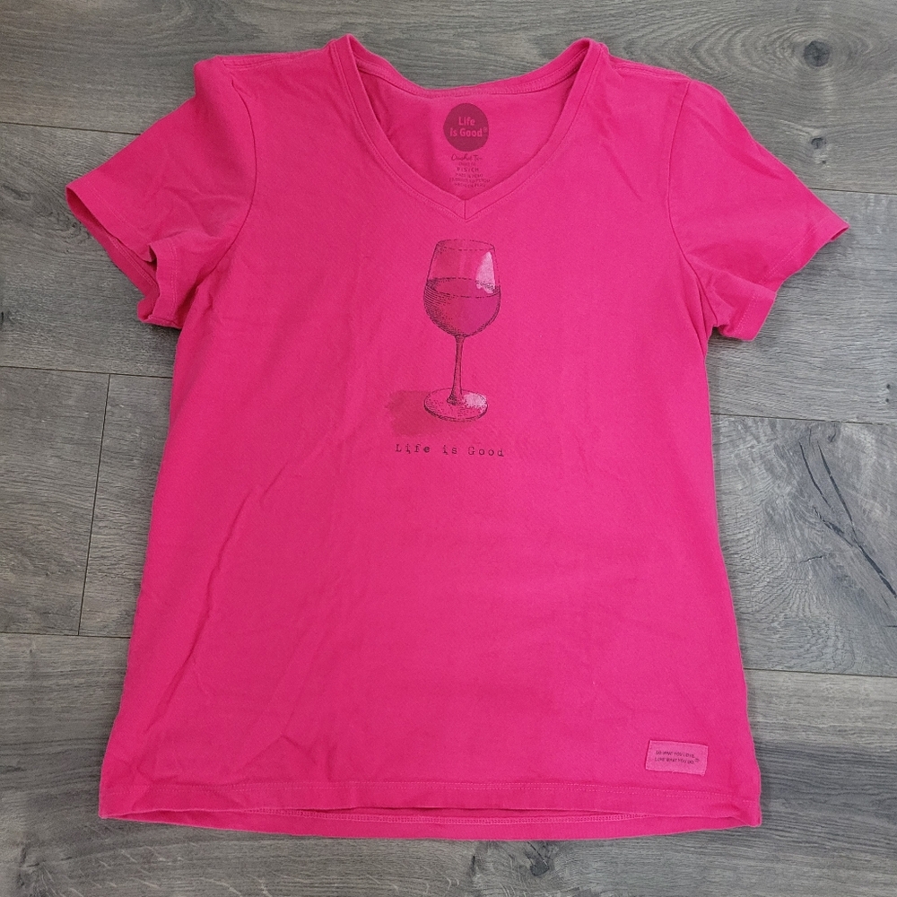 Life is Good Women's Crusher V-Neck Tee Pink Short Sleeve Wine Glass Siz…